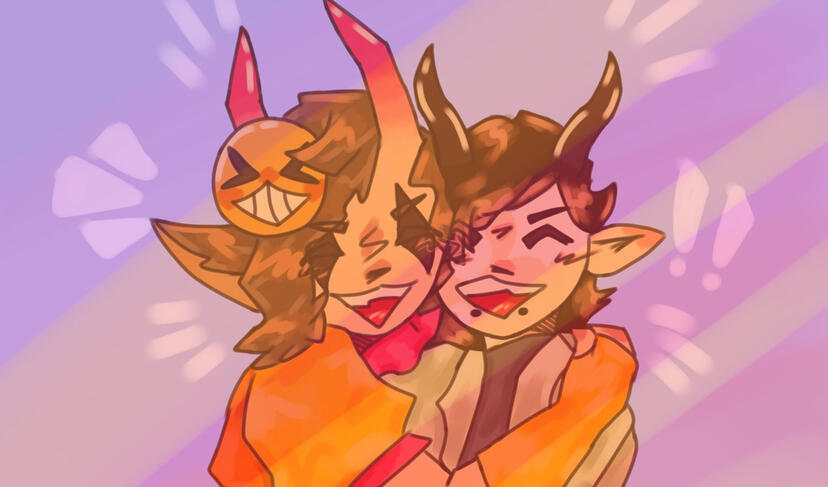 my sona (an alien with explosion scars on his face with horns and pointed ears in a labcoat hugging @/Bumble_Plunk ‘s sona, a clown dog horned hybrid with a yellow smiling mask on the side of its face. art by @/Bumble_Plunk on twitter
